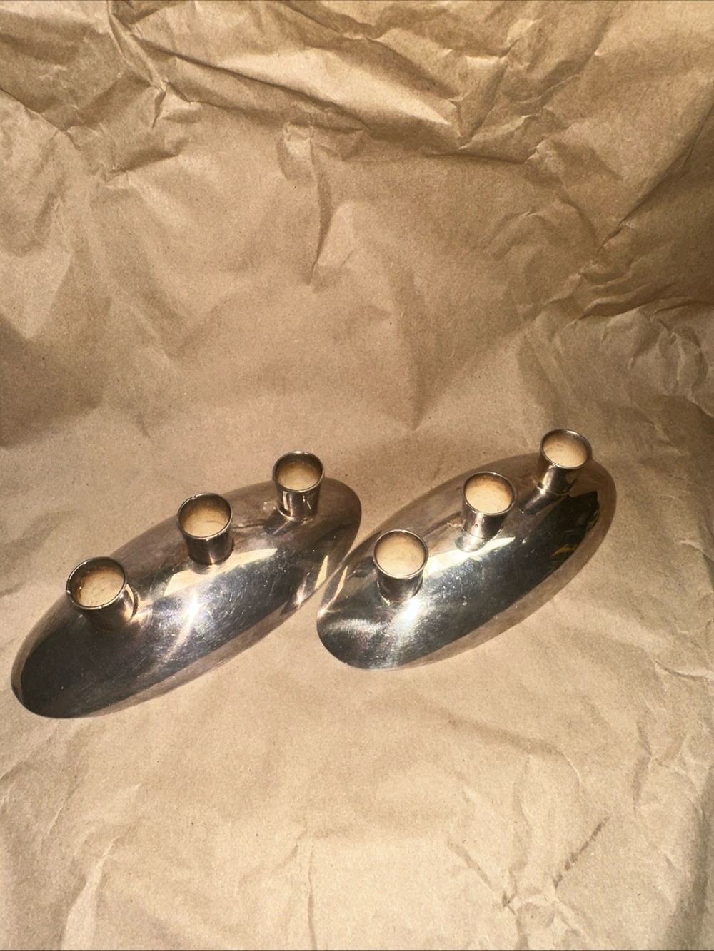 Gorham Silver Tone Oval 3-Arm Candle taper Holders - Pair